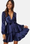 John Zack Satin Sequin Deep V Ruffle Skater Dress Navy XXS (UK6)