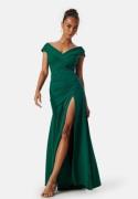 Goddiva Bardot Pleat Maxi Split Dress Emerald XXS (UK6)