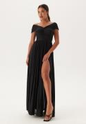 Goddiva Bardot Rouched Maxi Split Dress Black XXS (UK6)