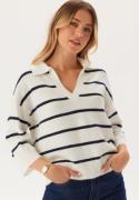 Pieces Pcmikela 3/4 V-NECK POLO KNIT  Cloud Dancer Stripes:maritime  M