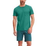 Calida Relax Imprint O Neck Short Pyjama Grønn bomull Large Herre