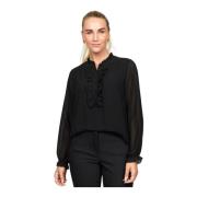 Feminin bluse med mesh-ermer og rysjedetaljer