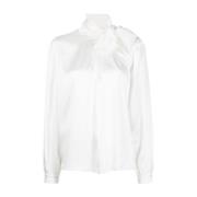 Hvit Taffeta Silkeskjorte med Plissert Detalj