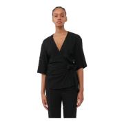 Sort Stretch Seersucker Wrap Bluse