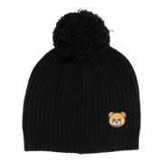 Ensfarget Teddybjørn Beanie med Logo og Pompoms