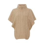 Strikket Poncho med Glidelås - Beige