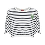 Hvit Stripet Bomull Crop T-skjorte for Kvinner