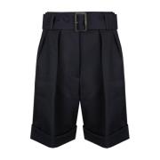 Svart Ull Gabardine Wide Leg Shorts