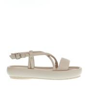 Beige Lav Kilehæl Skinn Sandal