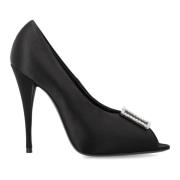 Svarte Satin Crepe Peep Toe Pumps