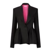 Svart Ull Gabardine Peplum Blazer