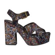 Svarte Velvet Platform Sandaler med Blomstertrykk