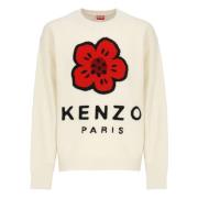 Hvit Ull Crewneck Genser med Blomsterbroderi