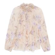 Hvit Blouson Erme Blomster Slips Skjorte