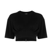 Svart Drapert Detalj Crew Neck T-skjorte