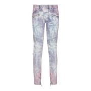 Denim biker jeans med et palmetrykk