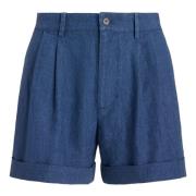 Blå Lin Pleated Casual Shorts