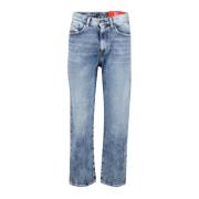 Blå Vasket Brodert Regular Jeans