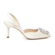 Hvite Slingback Pumps med Krystallspenne