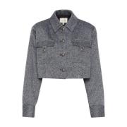 Blå Twill Struktur Cropped Blazer