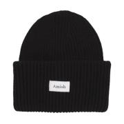 Svart ullblandet beanie lue