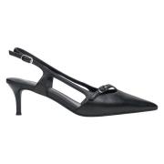 Svarte skinn slingback lave hæler pumps for kvinner