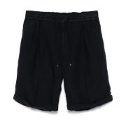 Blå Lin Gabardine Elastisk Midje Shorts