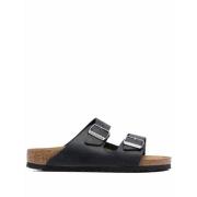 Sort Skinn Sandaler Dobbel Spenne Slip-On