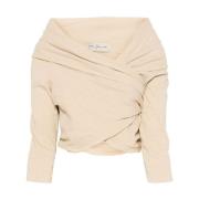 Beige Off-Shoulder Drapert Topp