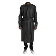 Svart Vanntett Skinn Trench Coat Jakke