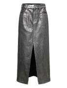 Long Foil Denim Skirt Knelangt Skjørt Black Mango