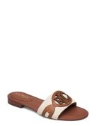 Alegra Canvas-Leather Slide Sandal Flate Sandaler Beige Lauren Ralph L...