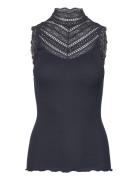 Silk Top W/ Lace Tops T-shirts & Tops Sleeveless Navy Rosemunde