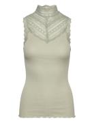 Silk Top W/ Lace Tops T-shirts & Tops Sleeveless Khaki Green Rosemunde