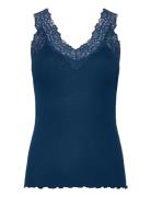 Organic Top W/ Lace Tops T-shirts & Tops Sleeveless Blue Rosemunde