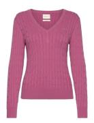 Stretch Cotton Cable V-Neck Tops Knitwear Jumpers Pink GANT