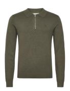 Ecovero L/S Zip Polo Tops Knitwear Long Sleeve Knitted Polos Khaki Gre...