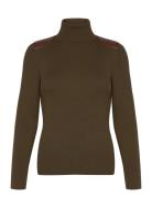 Faux-Leather-Trim Ribbed Turtleneck Tops Knitwear Turtleneck Khaki Gre...