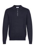 Ecovero L/S Zip Polo Tops Knitwear Long Sleeve Knitted Polos Navy Lind...