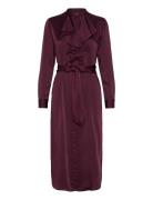 Ruffle-Trim Satin Charmeuse Shirtdress Knelang Kjole Burgundy Lauren R...