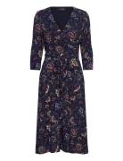 Floral Surplice Stretch Jersey Dress Knelang Kjole Navy Lauren Ralph L...