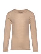 T-Shirt Ls Wool Tops T-shirts Long-sleeved T-shirts Beige Huttelihut