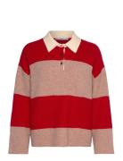 Striped Polo-Neck Sweater Tops Knitwear Jumpers Red Mango